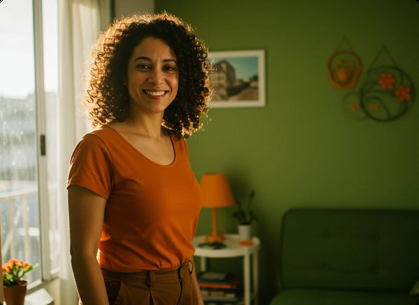 Mulher sorrindo em ambiente acolhedor